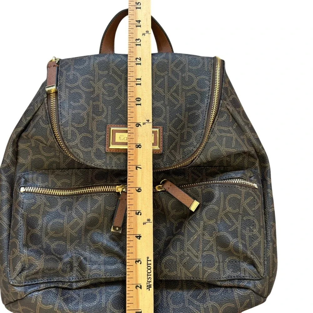 Calvin Klein Monogram Logo Faux Leather Backpack Brown‎ Gold Chic Designer